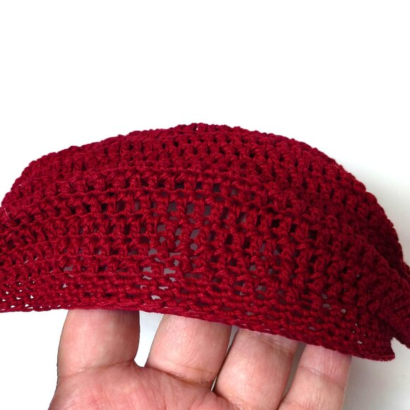Vintage 1960s Hand-Crocheted Hat Retro Deep Red Openwork Design Lightweight - Picture 11 of 13